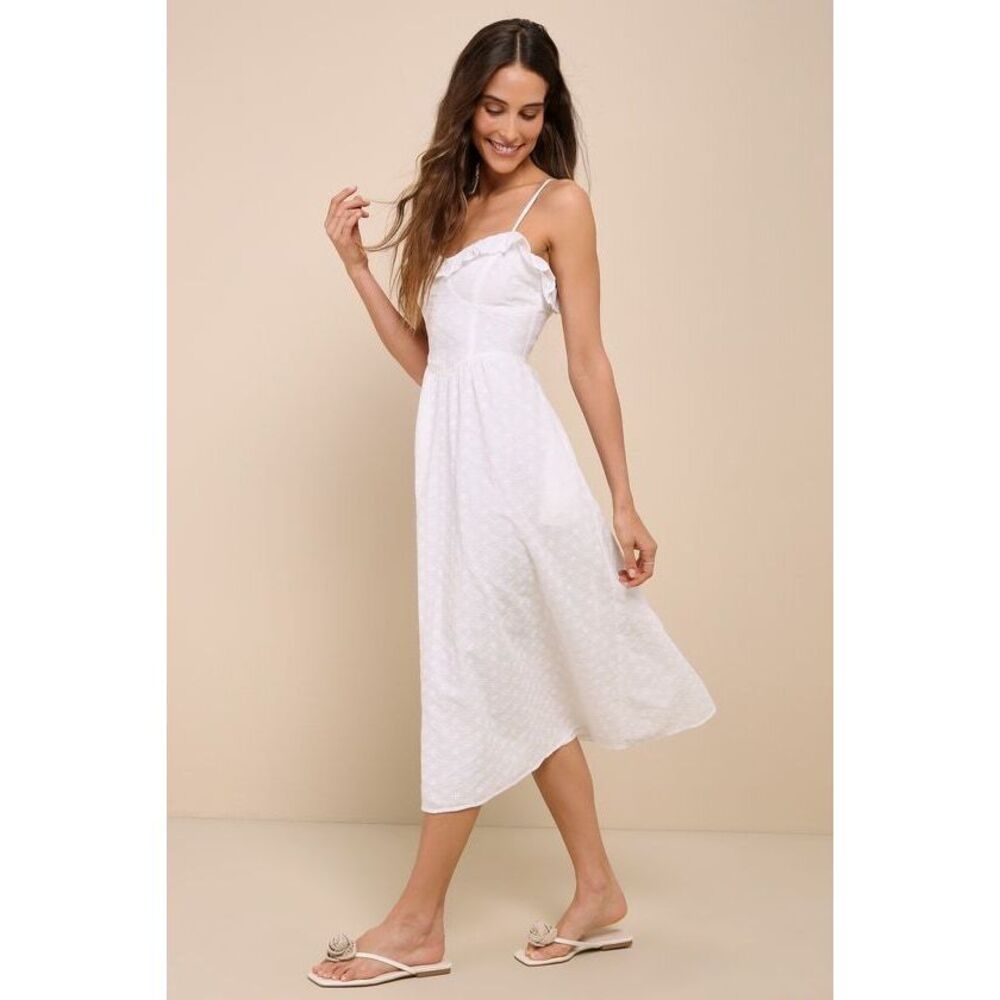 Lulus Lovely Weather White Embroidered Bustier Midi Dress With Pockets - Size M